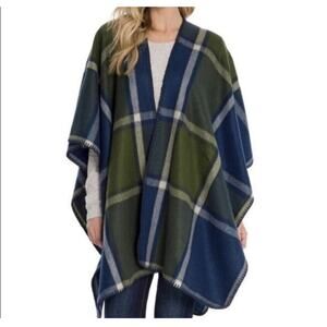 Woolrich Green Blue Plaid Blanket Wrap Poncho NWOT